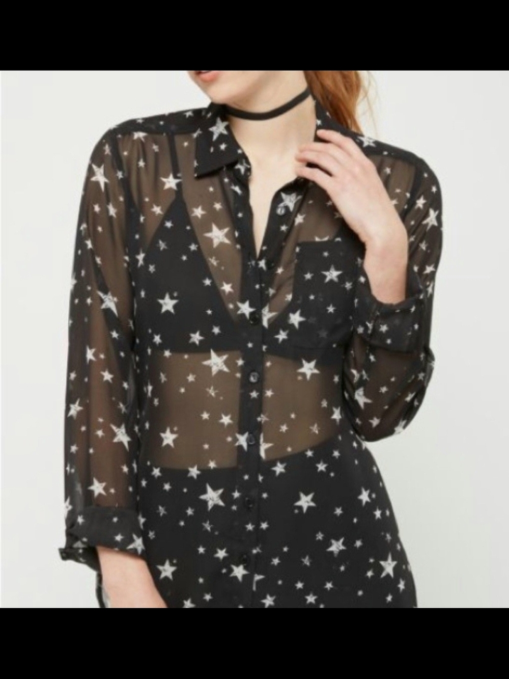 Rue21 Sheer Black Star Button-Down Blouse - Beach Cover Up Size Large